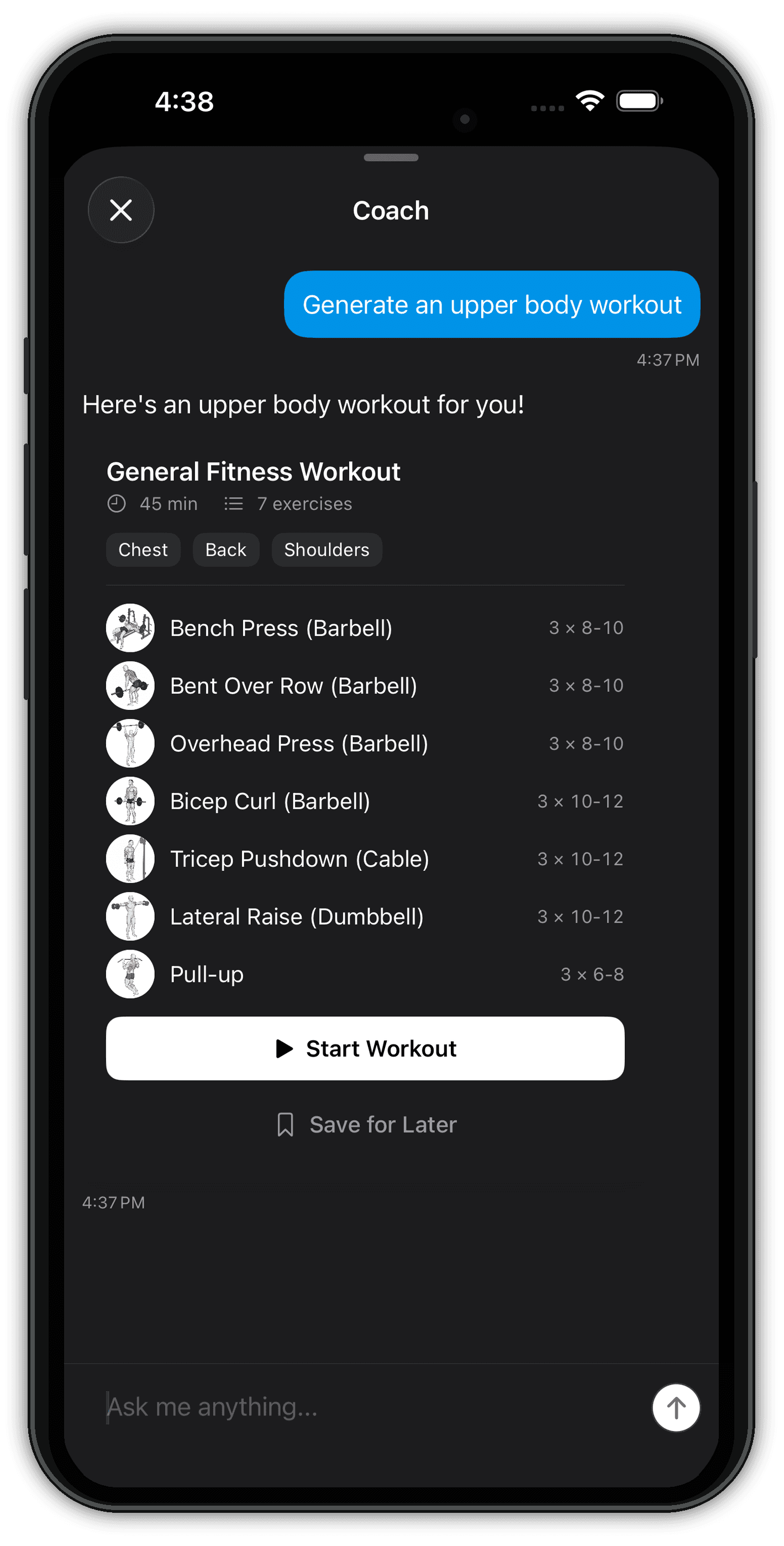 Workouts that write themselves. EVEX screen